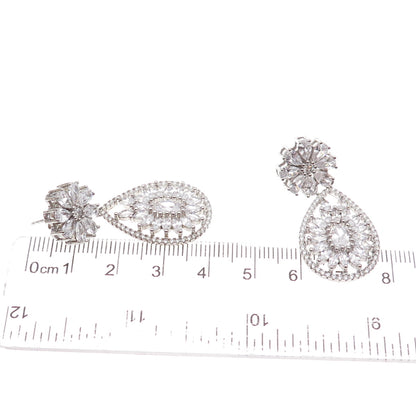 925 Sterling Silver Multi-Cut C Z Floral Teardrop Dangle Earrings