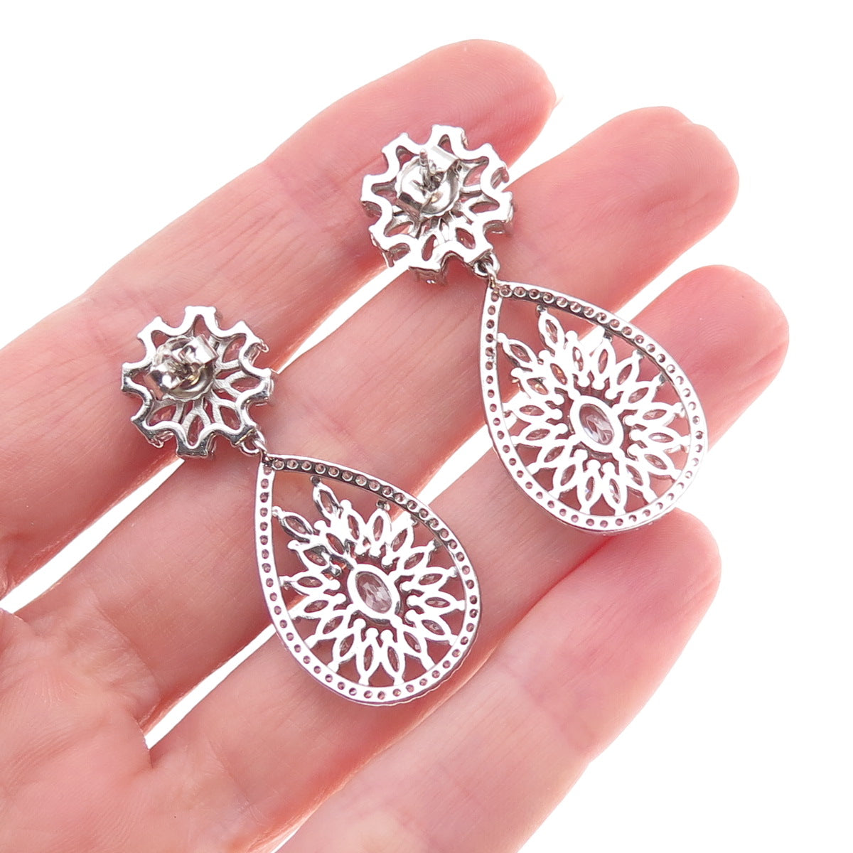 925 Sterling Silver Multi-Cut C Z Floral Teardrop Dangle Earrings