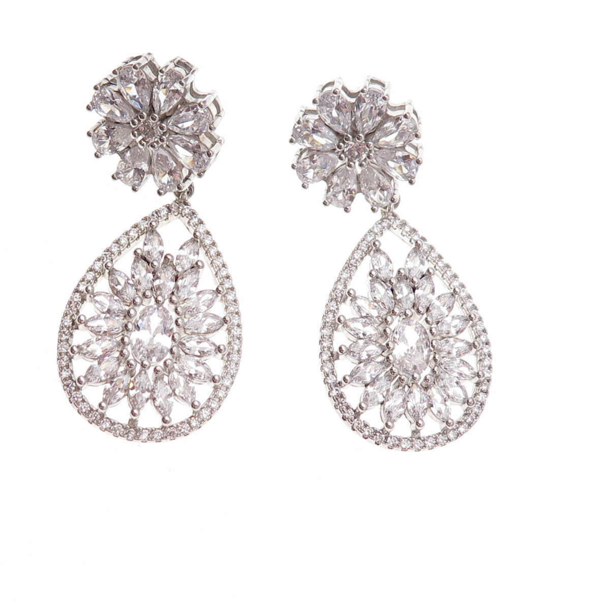 925 Sterling Silver Multi-Cut C Z Floral Teardrop Dangle Earrings