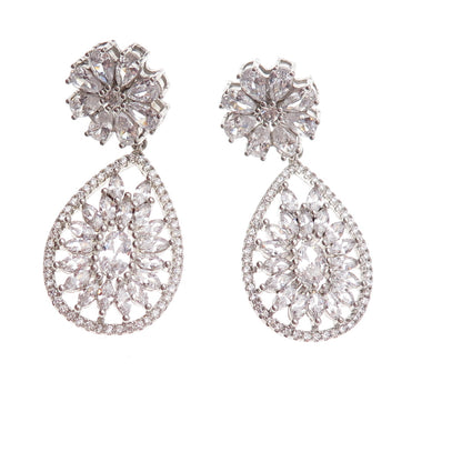 925 Sterling Silver Multi-Cut C Z Floral Teardrop Dangle Earrings