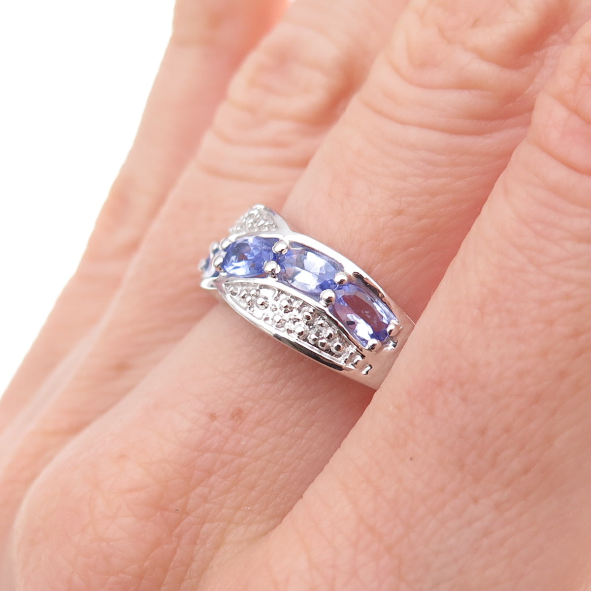 925 Sterling Silver Real Tanzanite & White Topaz Ring Size 8