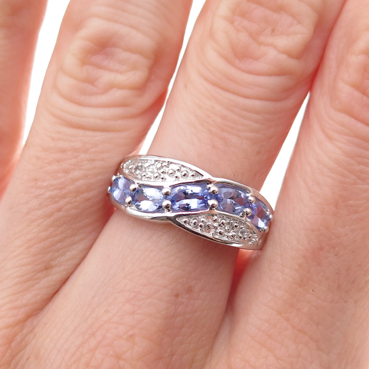 925 Sterling Silver Real Tanzanite & White Topaz Ring Size 8