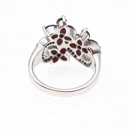925 Sterling Silver Mexico Real Diamond & Red Garnet Floral Ring Size 7