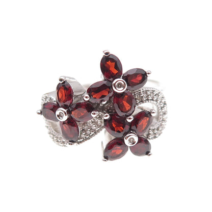 925 Sterling Silver Mexico Real Diamond & Red Garnet Floral Ring Size 7