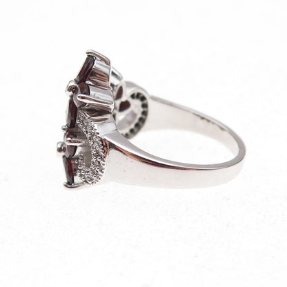 925 Sterling Silver Mexico Real Diamond & Red Garnet Floral Ring Size 7