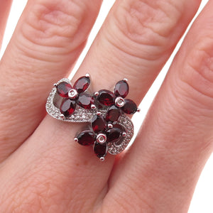 925 Sterling Silver Mexico Real Diamond & Red Garnet Floral Ring Size 7