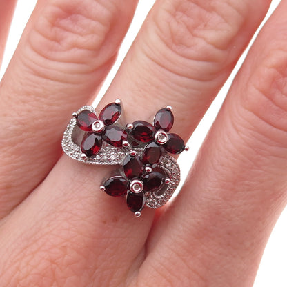 925 Sterling Silver Mexico Real Diamond & Red Garnet Floral Ring Size 7