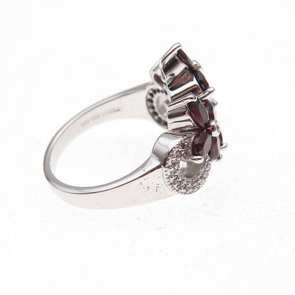 925 Sterling Silver Mexico Real Diamond & Red Garnet Floral Ring Size 7