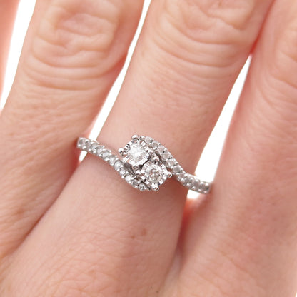 925 Sterling Silver Real Round-Cut Diamond Bypass Ring Size 6.75