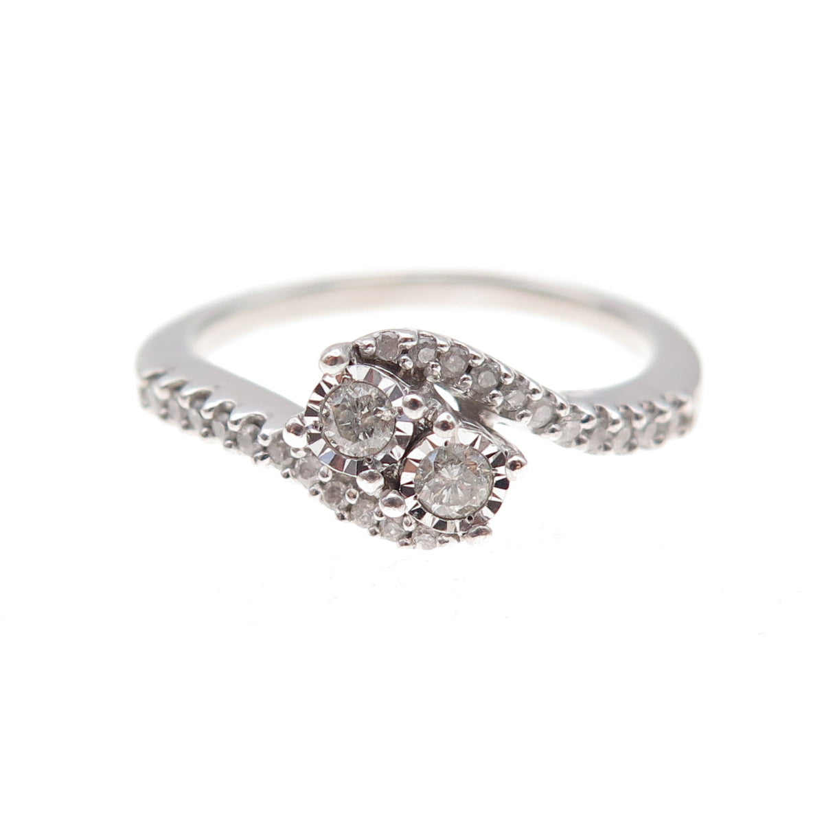 925 Sterling Silver Real Round-Cut Diamond Bypass Ring Size 6.75