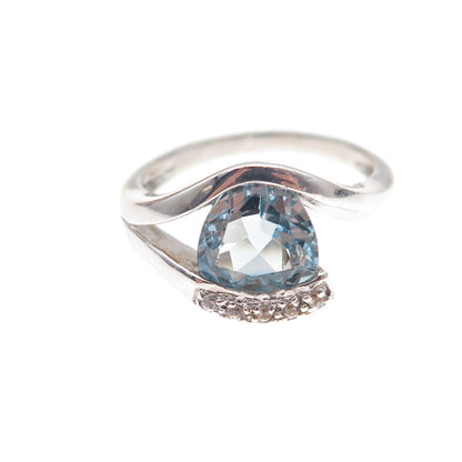 925 Sterling Silver Vintage Real Blue & White Topaz Modernist Ring Size 7
