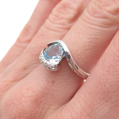 925 Sterling Silver Vintage Real Blue & White Topaz Modernist Ring Size 7