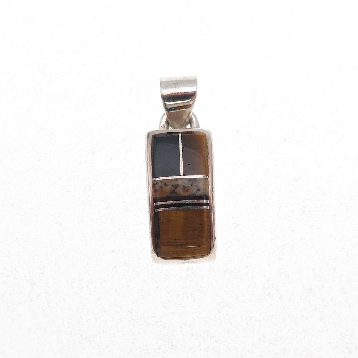 Old Pawn 925 Sterling Silver Vintage Tiger Eye & Black Onyx Tribal Charm Pendant