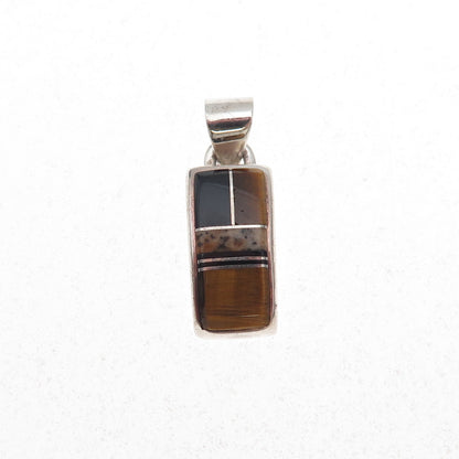 Old Pawn 925 Sterling Silver Vintage Tiger Eye & Black Onyx Tribal Charm Pendant