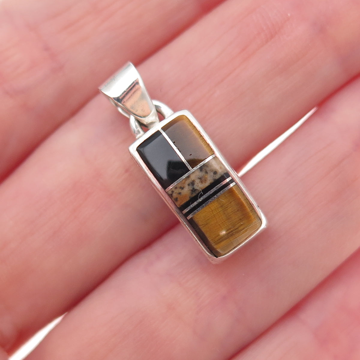 Old Pawn 925 Sterling Silver Vintage Tiger Eye & Black Onyx Tribal Charm Pendant