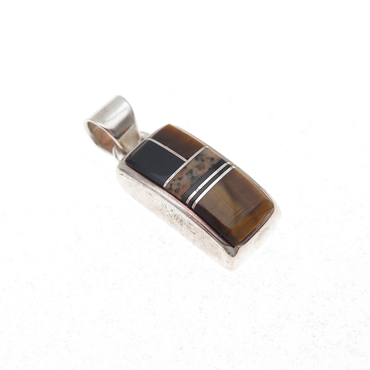 Old Pawn 925 Sterling Silver Vintage Tiger Eye & Black Onyx Tribal Charm Pendant
