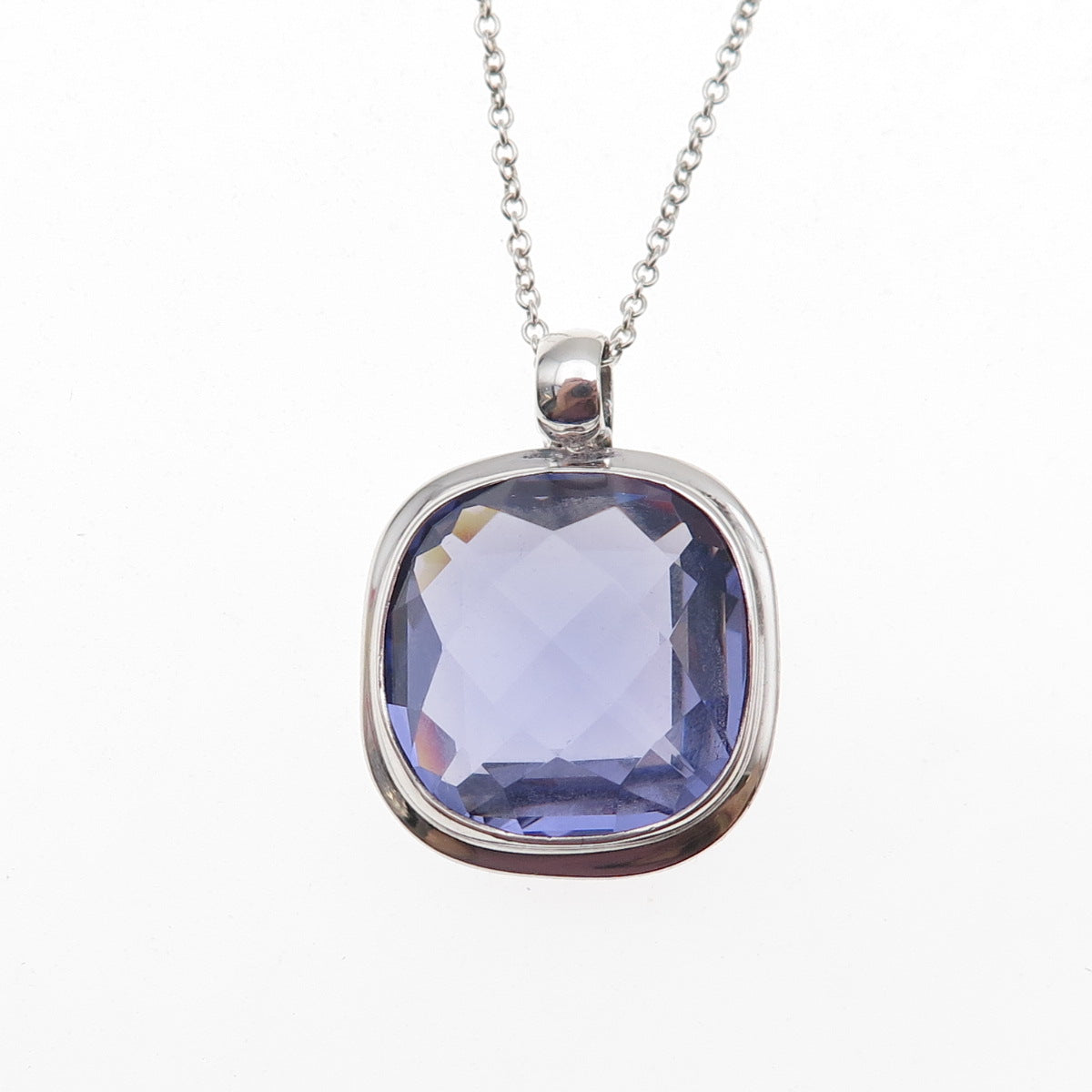 925 Sterling Silver Real Cushion-Cut Amethyst Cable Chain Necklace 18"