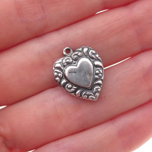 925 Sterling Silver Antique Art Deco Heart Chatelaine Oxidized Charm Pendant