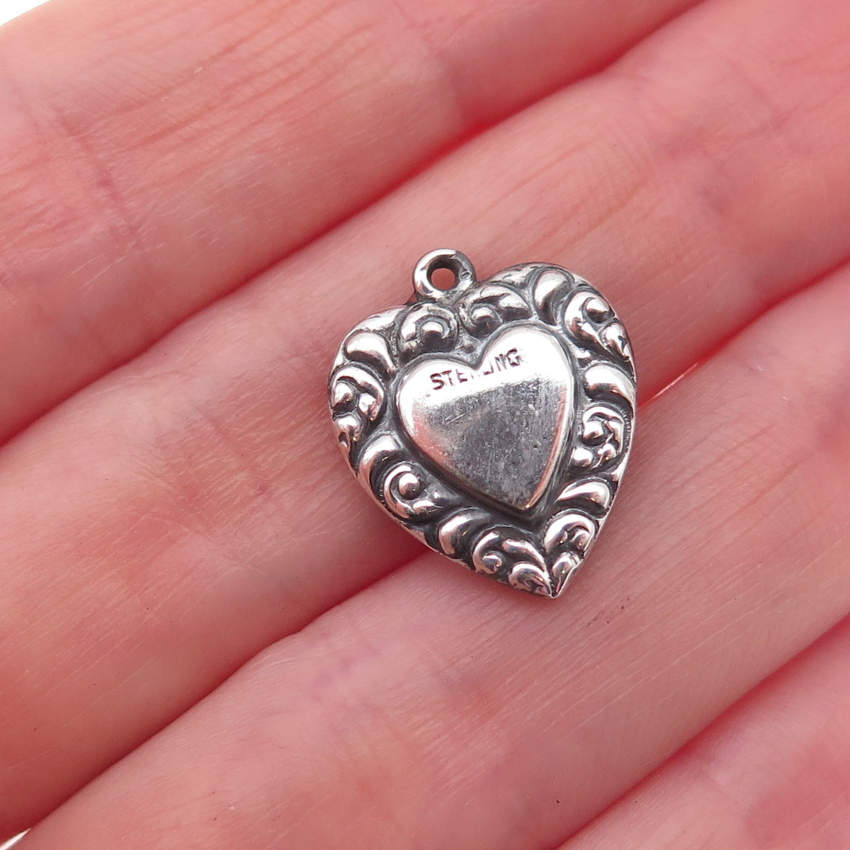 925 Sterling Silver Antique Art Deco Heart Chatelaine Oxidized Charm Pendant