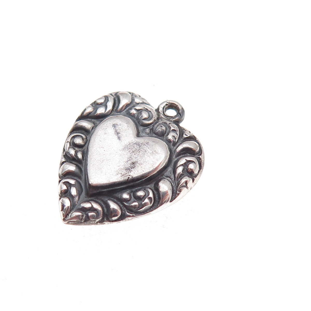 925 Sterling Silver Antique Art Deco Heart Chatelaine Oxidized Charm Pendant