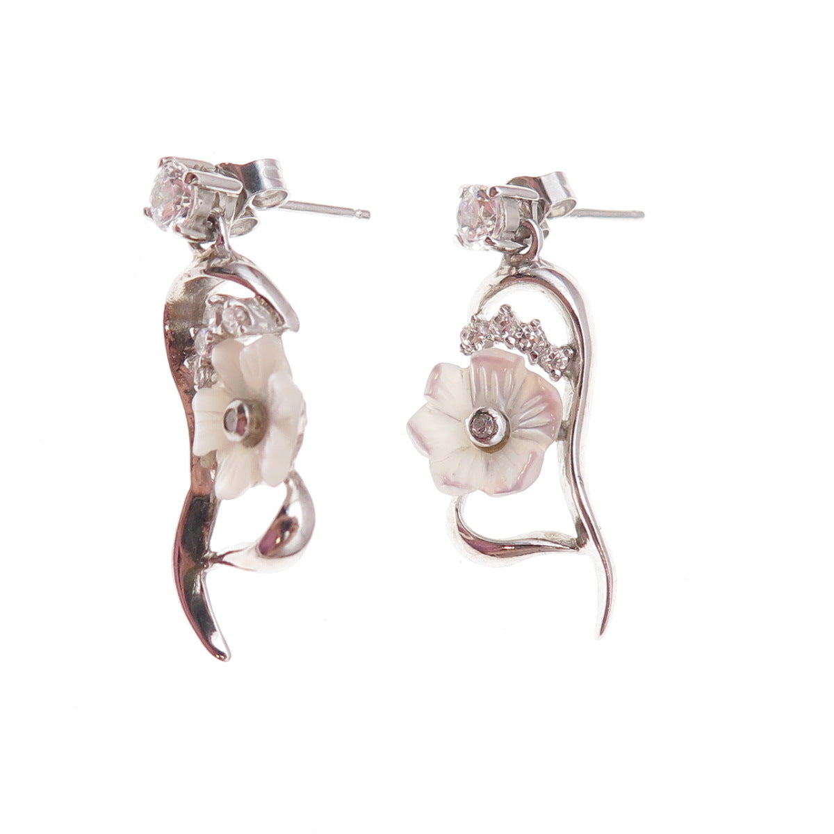 925 Sterling Silver Real MOP & C Z Floral Dangle Earrings