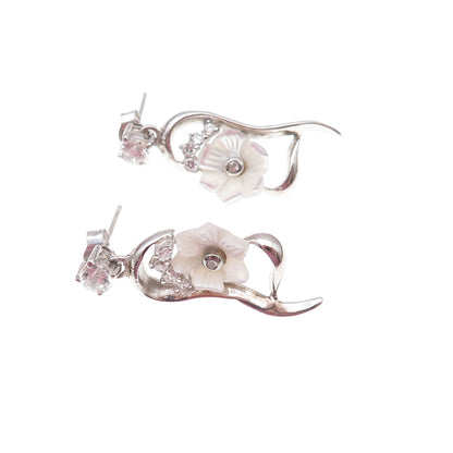 925 Sterling Silver Real MOP & C Z Floral Dangle Earrings