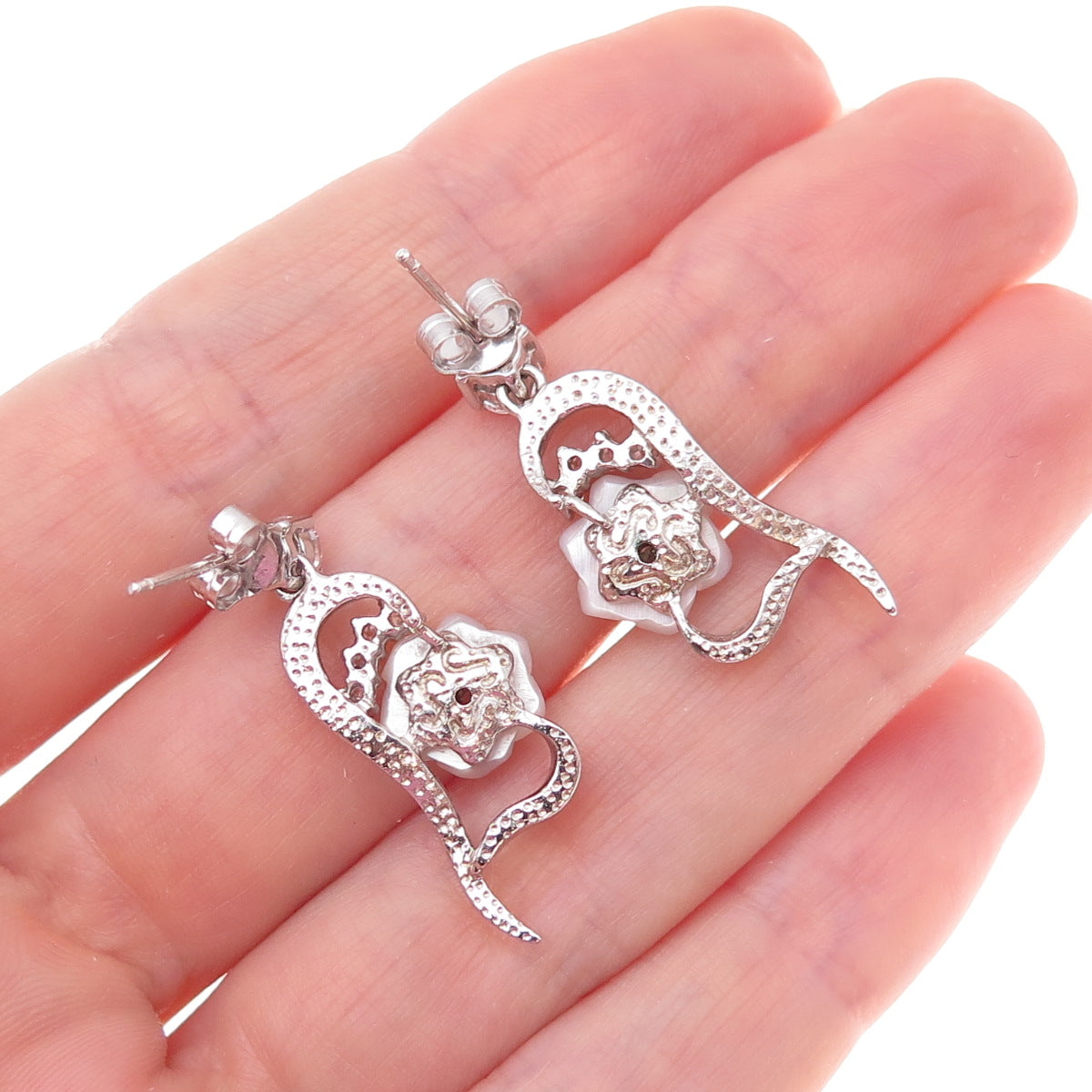 925 Sterling Silver Real MOP & C Z Floral Dangle Earrings