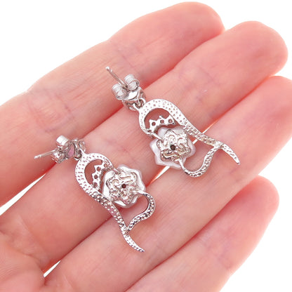 925 Sterling Silver Real MOP & C Z Floral Dangle Earrings