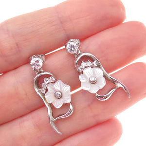 925 Sterling Silver Real MOP & C Z Floral Dangle Earrings