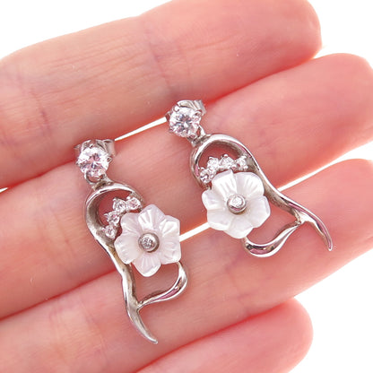 925 Sterling Silver Real MOP & C Z Floral Dangle Earrings