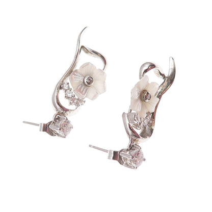 925 Sterling Silver Real MOP & C Z Floral Dangle Earrings