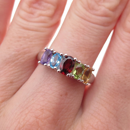 925 Sterling Mexico Real Blue Topaz Amethyst Peridot Citrine Garnet Ring Size 7