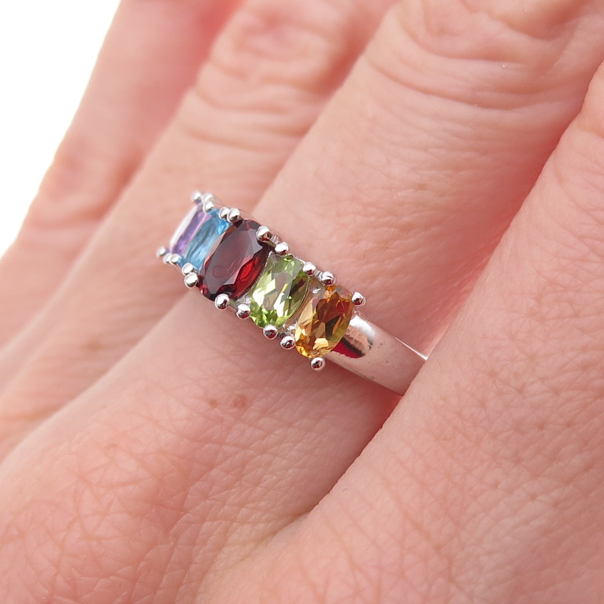 925 Sterling Mexico Real Blue Topaz Amethyst Peridot Citrine Garnet Ring Size 7