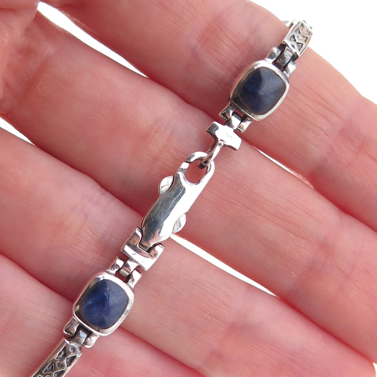 Silpada 925 Sterling Silver Vintage Real Sodalite Bar Link Oxidized Bracelet 7"