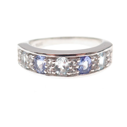 925 Sterling Silver Real Tanzanite Aquamarine & White Topaz Ring Size 8