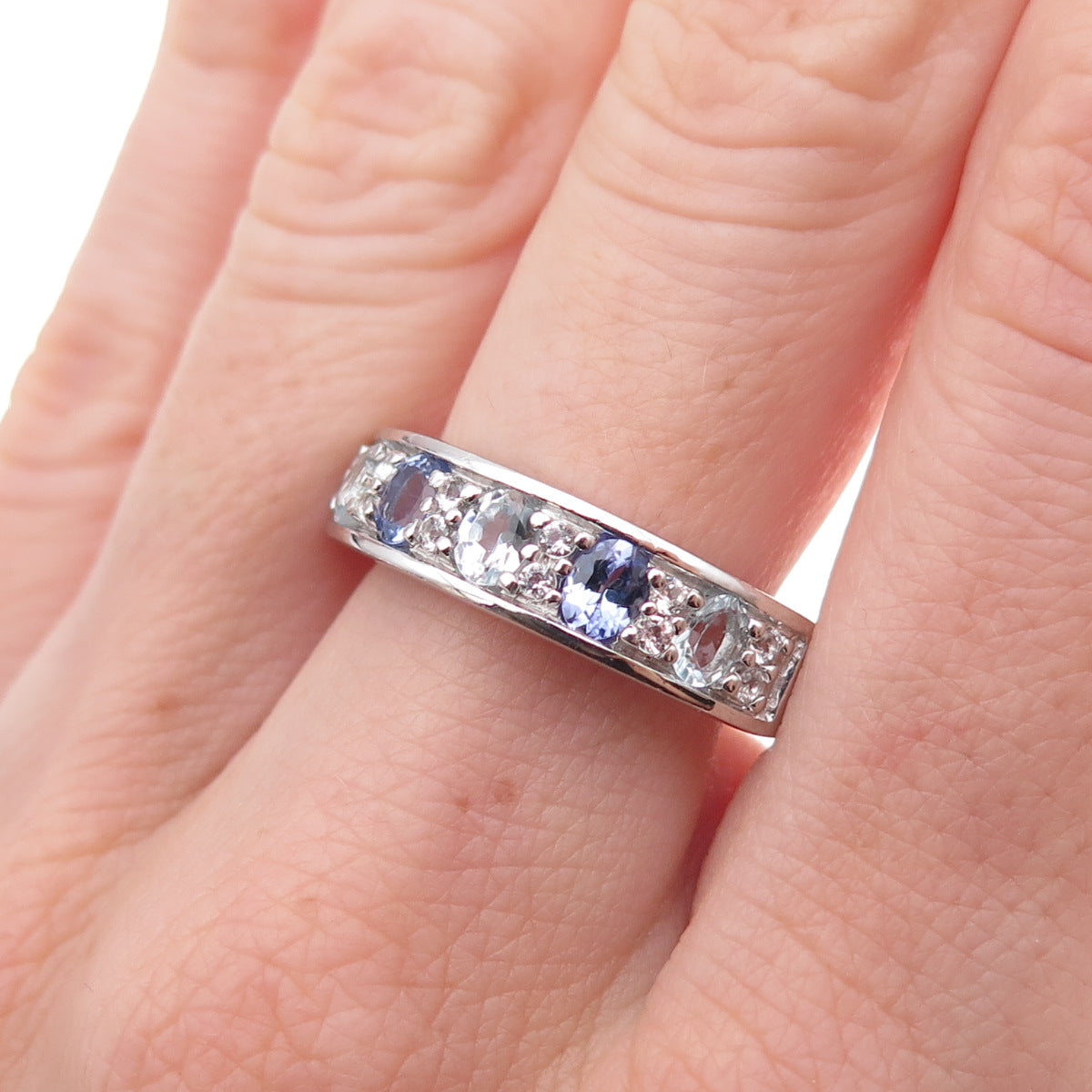 925 Sterling Silver Real Tanzanite Aquamarine & White Topaz Ring Size 8