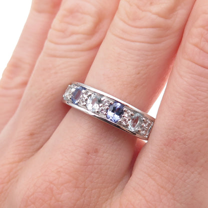925 Sterling Silver Real Tanzanite Aquamarine & White Topaz Ring Size 8