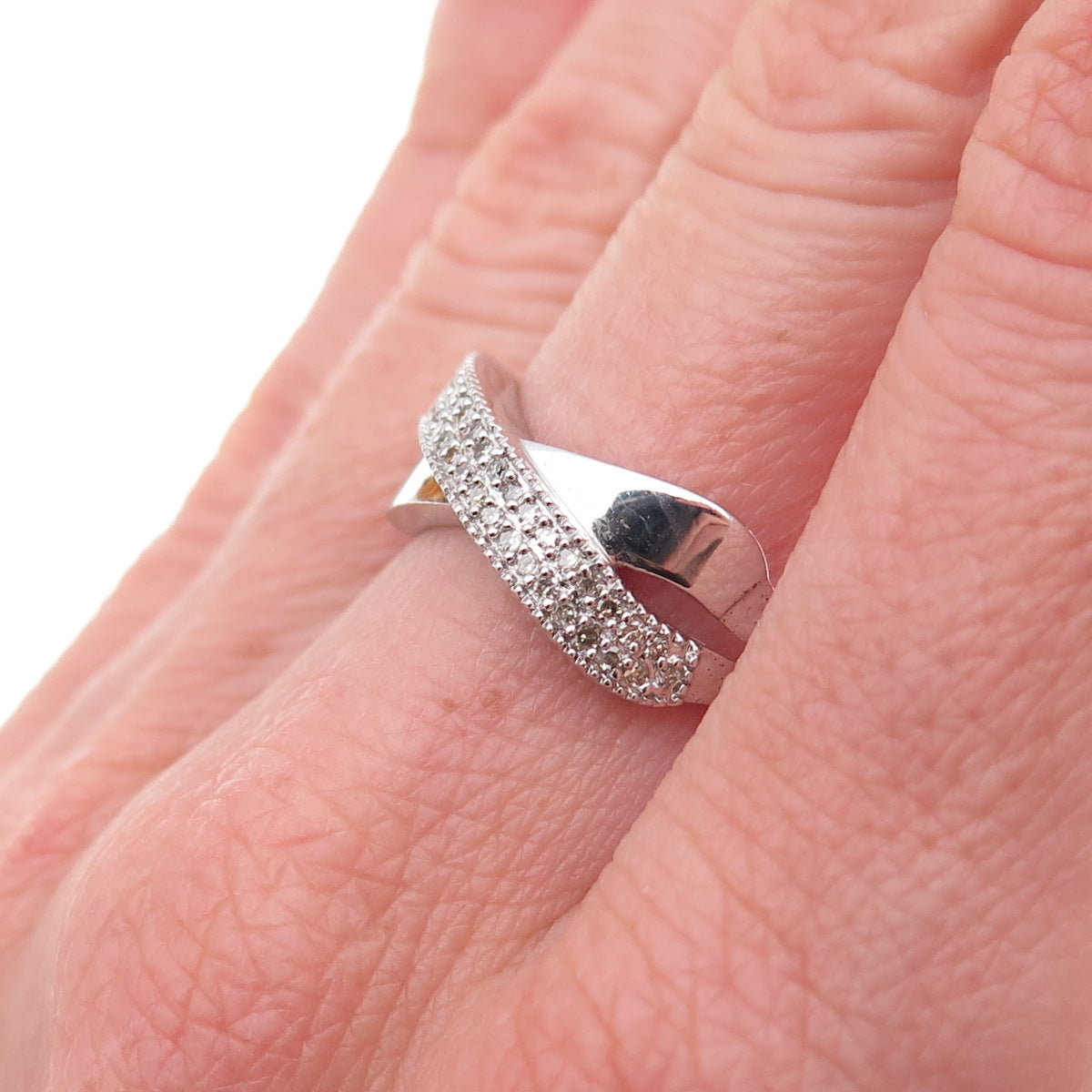 925 Sterling Silver Mexico Real Round-Cut Diamond Crisscross Ring Size 7