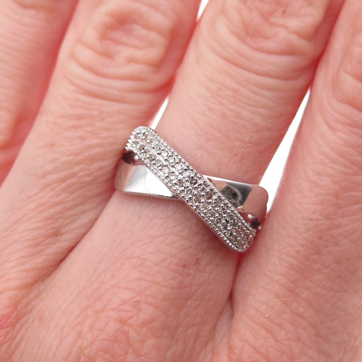 925 Sterling Silver Mexico Real Round-Cut Diamond Crisscross Ring Size 7