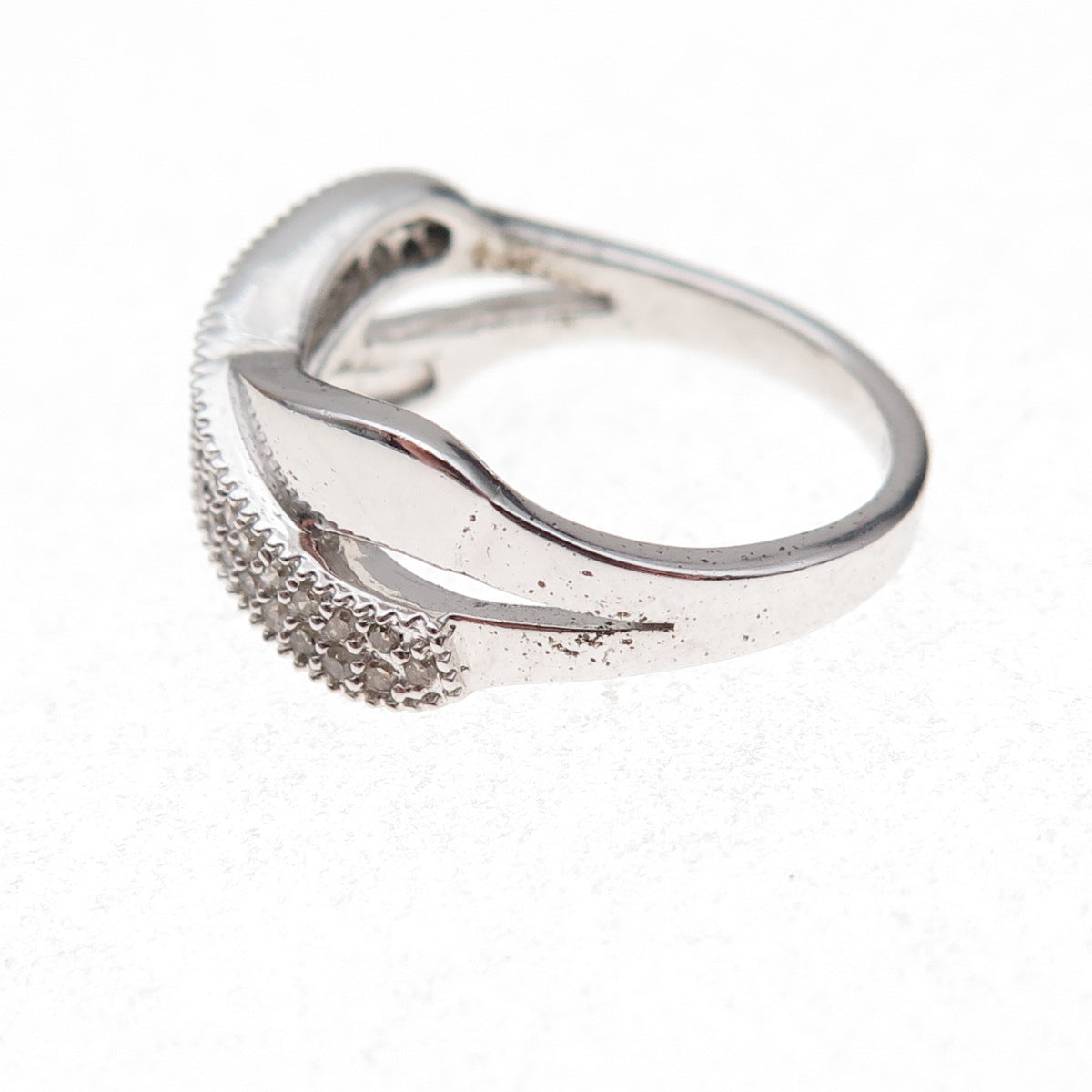 925 Sterling Silver Mexico Real Round-Cut Diamond Crisscross Ring Size 7