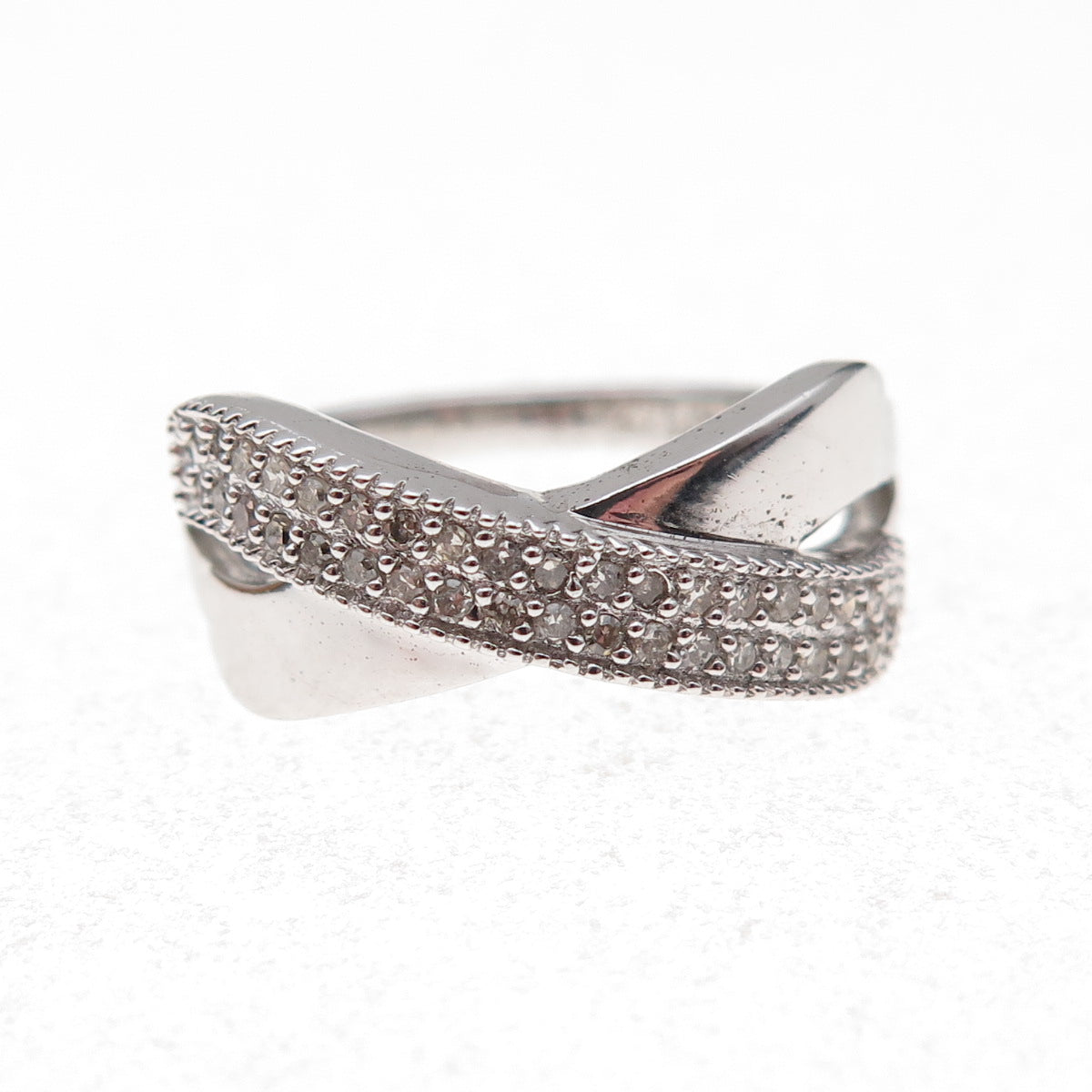925 Sterling Silver Mexico Real Round-Cut Diamond Crisscross Ring Size 7