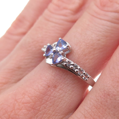 925 Sterling Silver Real Tanzanite & White Topaz Floral Ring Size 7.75