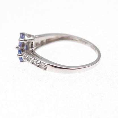 925 Sterling Silver Real Tanzanite & White Topaz Floral Ring Size 7.75