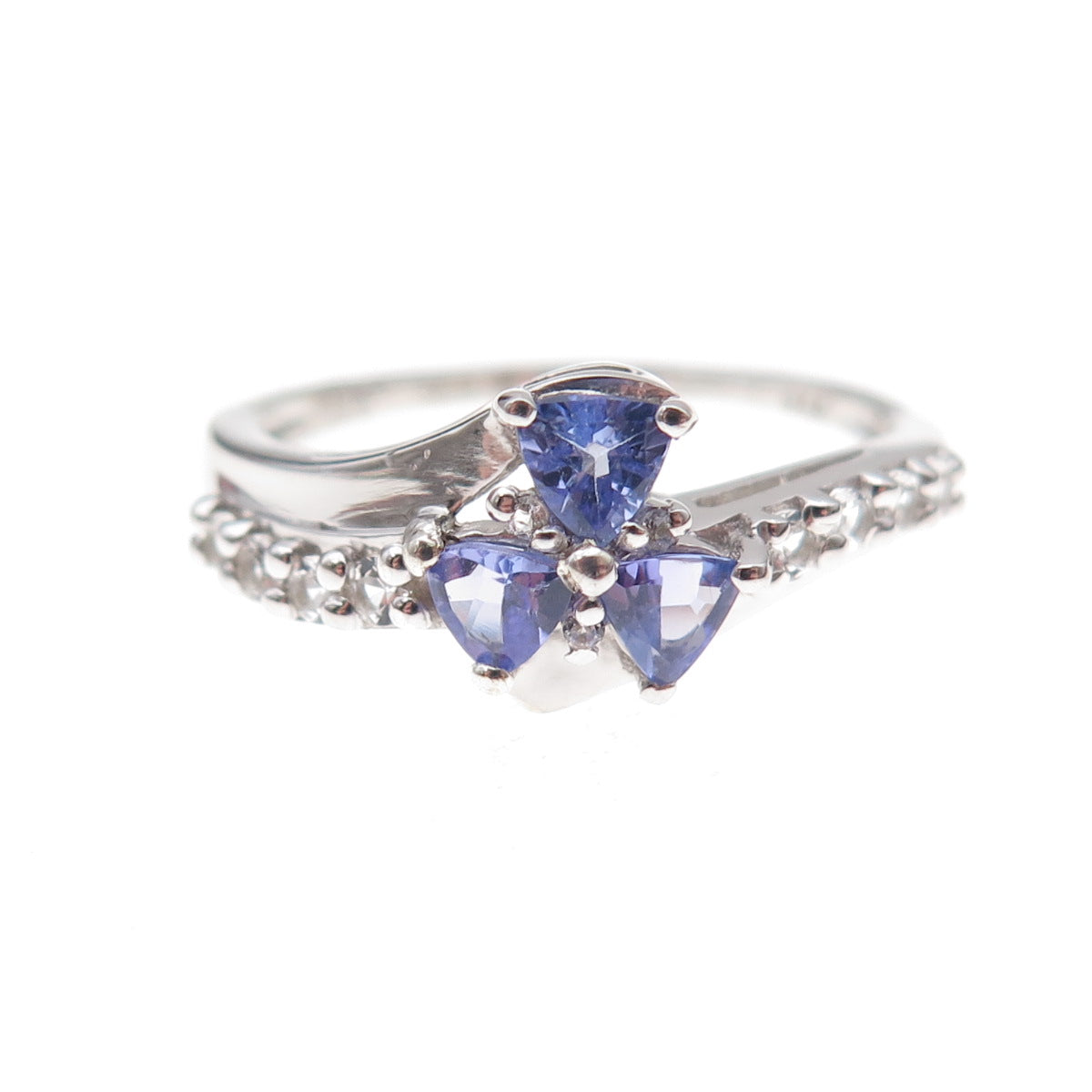 925 Sterling Silver Real Tanzanite & White Topaz Floral Ring Size 7.75