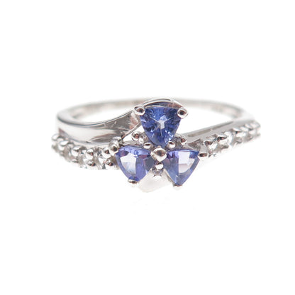 925 Sterling Silver Real Tanzanite & White Topaz Floral Ring Size 7.75