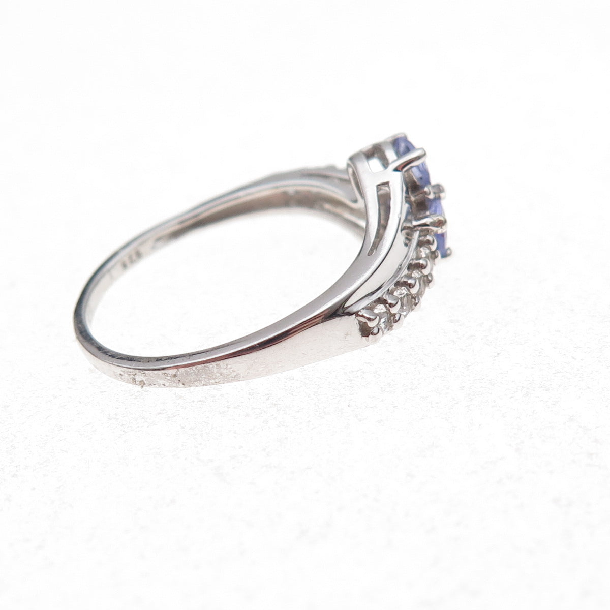 925 Sterling Silver Real Tanzanite & White Topaz Floral Ring Size 7.75
