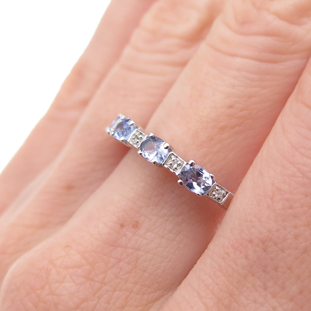 925 Sterling Silver Real Tanzanite & White Topaz Ring Size 8