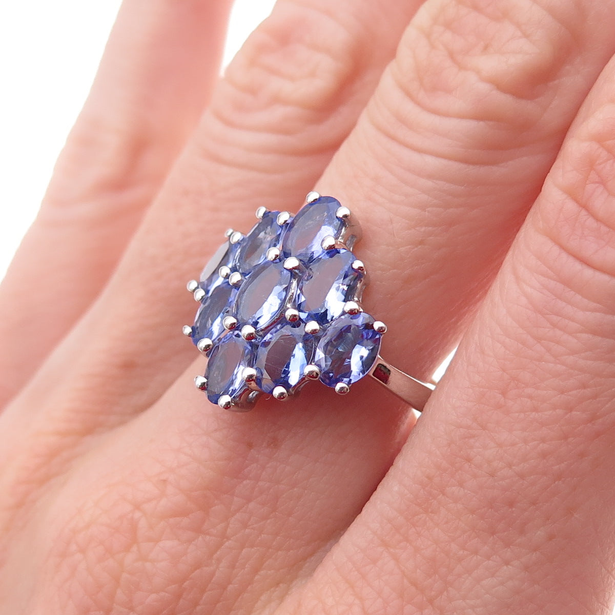 925 Sterling Silver Real Oval-Cut Tanzanite Cluster Ring Size 8