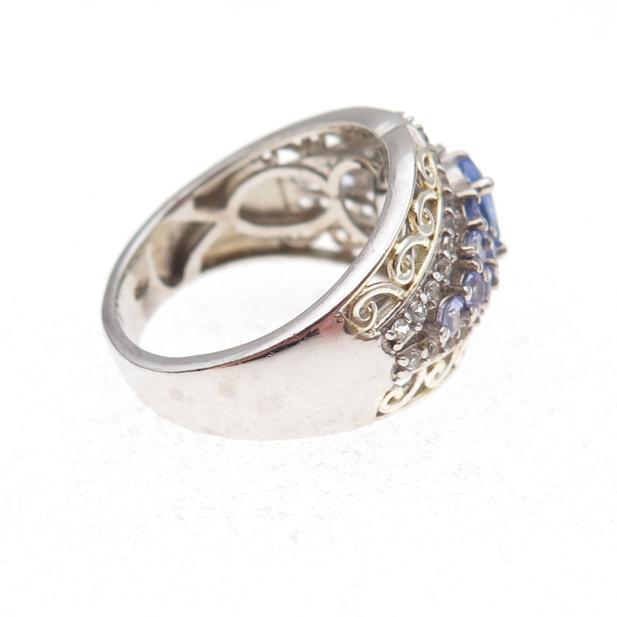 Chuck Clemency 925 Sterling 2-Tone Real Tanzanite & White Topaz Ring Size 8.25
