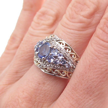Chuck Clemency 925 Sterling 2-Tone Real Tanzanite & White Topaz Ring Size 8.25